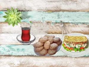 نان گردویی، ساندویچ سالاد خیار خامه‌ای، چای