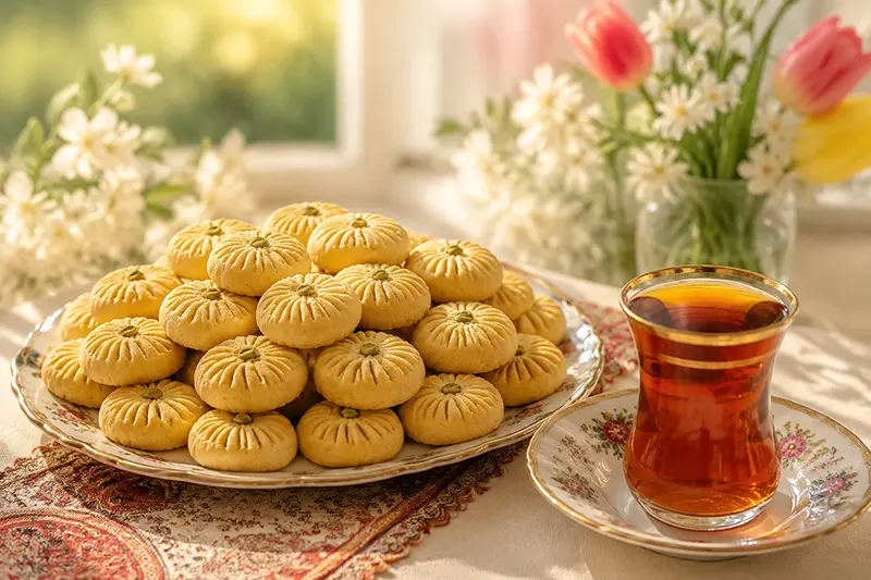 نخودچی تازه و نرم در کنار استکان چای ایرانی و شکوفههای بهاری - بهترین شیرینی برای عصرانه