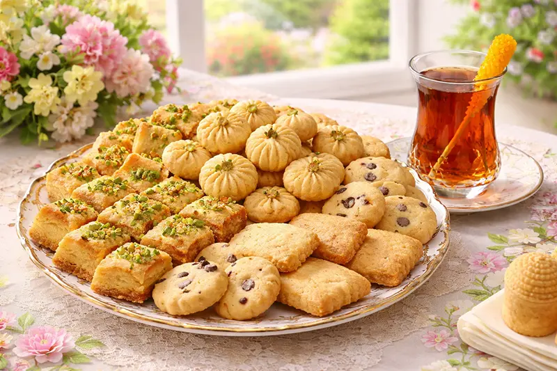 سینی پر از شیرینیهای سنتی ایرانی شامل باقلوا لوز، شیرینی کشمشی و نخودچی در کنار چای - تنوع شیرینی برای عصرانه ایرانی