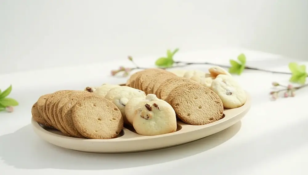 چیدمان افقی از کوکیهای روشن و بیسکویتهای گرد روی سینی، با استایل بهاری و نور نرم