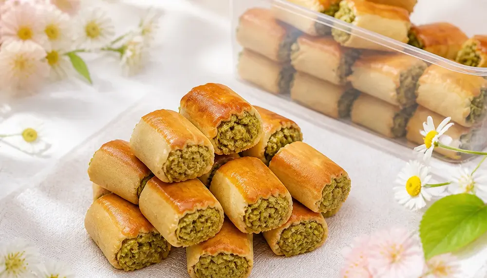 شیرینیهای رولشده با مغز پسته و سطح طلایی، در فضای روشن با حالوهوای بهاری